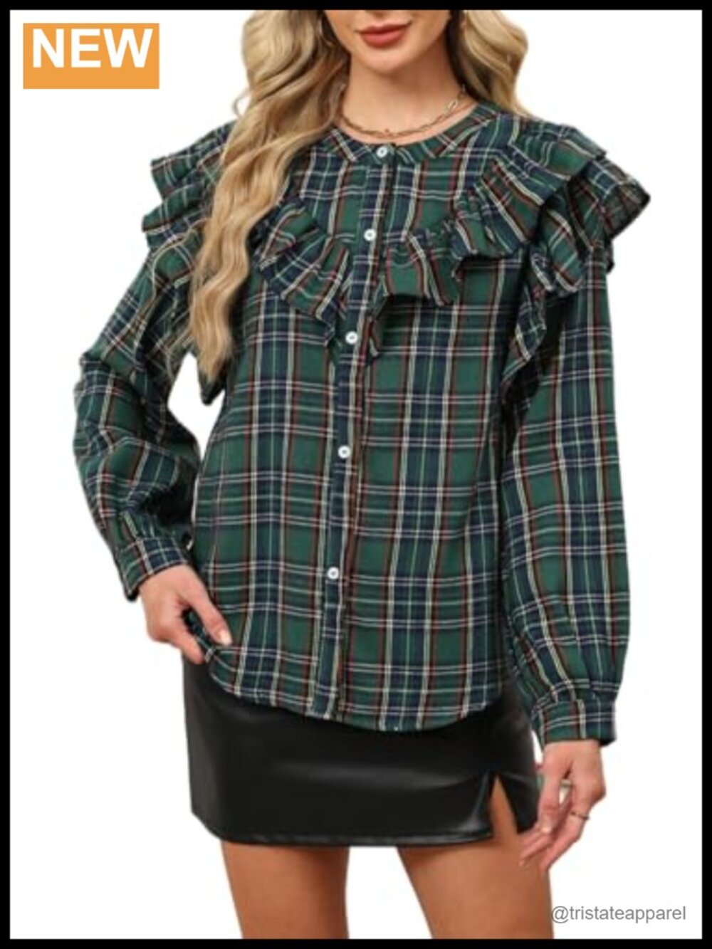 Women's Plaid Ruffle Blouse Long Sleeve Button Down Casual Shirt